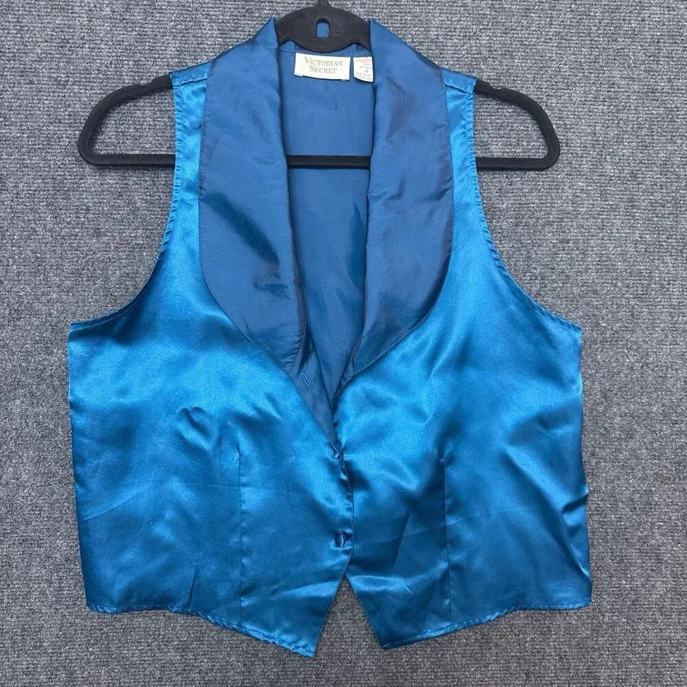VTG Victorias Secret Afterhours Pajama Set M Blue Satin Sleeveless Gold Label - Picture 2 of 13